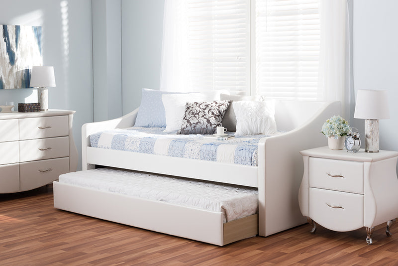 Beagan Modern and Contemporary White Faux Leather Upholstered Daybed w/Guest Trundle Bed