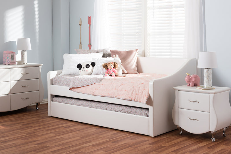 Beagan Modern and Contemporary White Faux Leather Upholstered Daybed w/Guest Trundle Bed