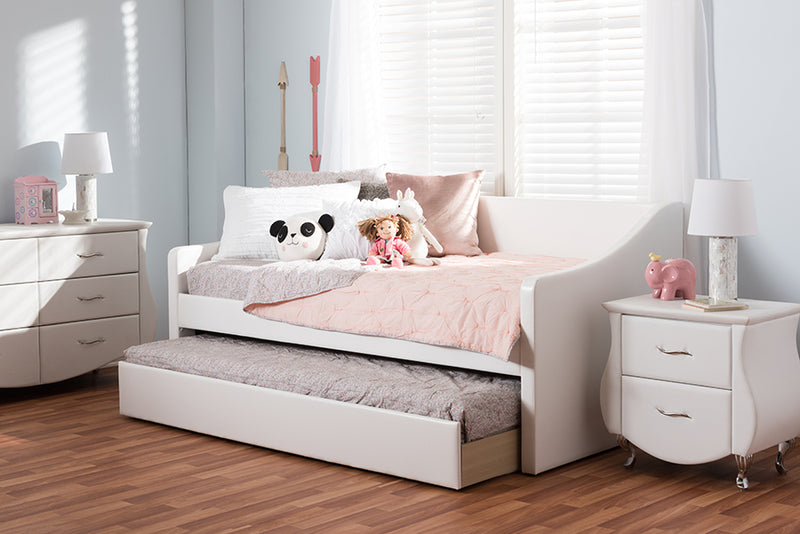 Beagan Modern and Contemporary White Faux Leather Upholstered Daybed w/Guest Trundle Bed