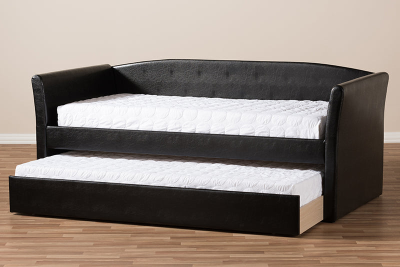 Matilda Modern and Contemporary Black Faux Leather Upholstered Daybed w/Guest Trundle Bed