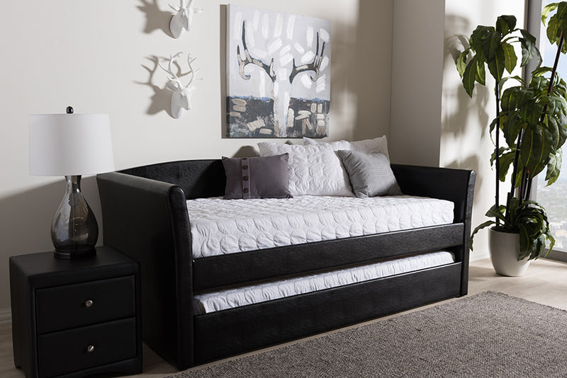 Matilda Modern and Contemporary Black Faux Leather Upholstered Daybed w/Guest Trundle Bed