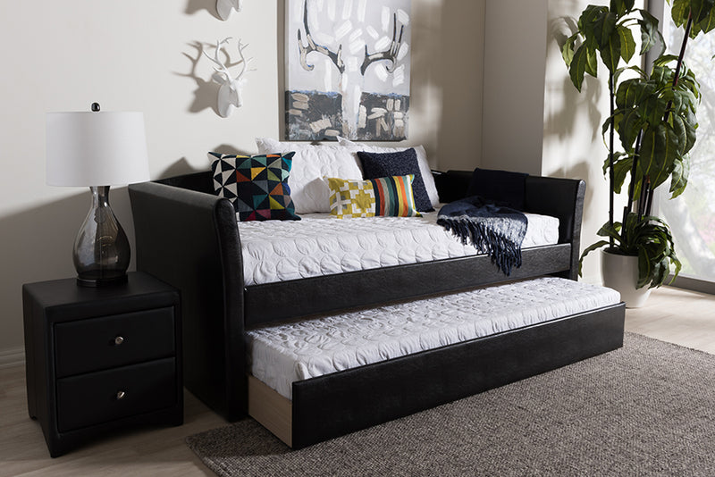 Matilda Modern and Contemporary Black Faux Leather Upholstered Daybed w/Guest Trundle Bed