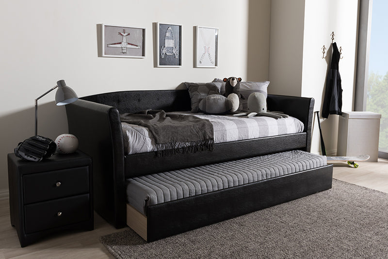 Matilda Modern and Contemporary Black Faux Leather Upholstered Daybed w/Guest Trundle Bed