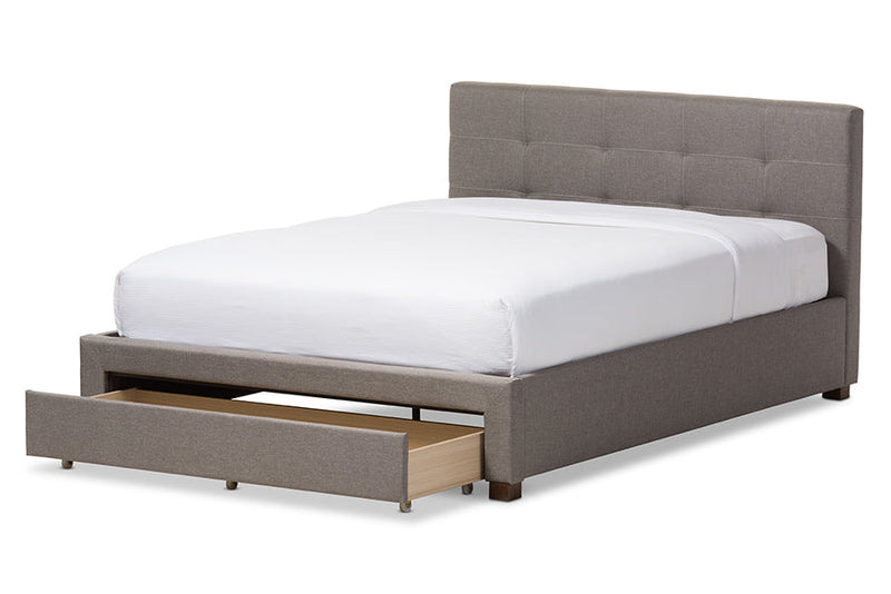 Harleson Gray Fabric Upholstered Queen Size Platform Bed w/Storage Drawer Baxton