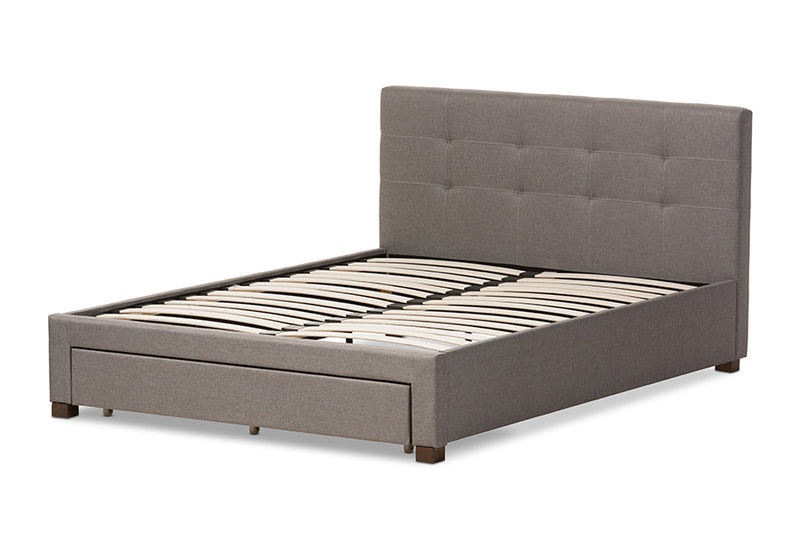 Harleson Gray Fabric Upholstered Queen Size Platform Bed w/Storage Drawer Baxton