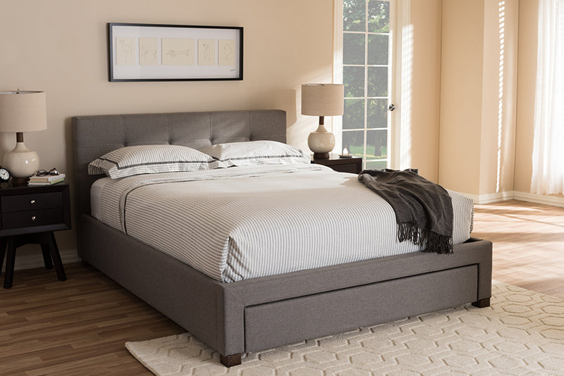 Harleson Modern and Contemporary Gray Fabric Upholstered King Size Platform Bed w/Storage Drawer