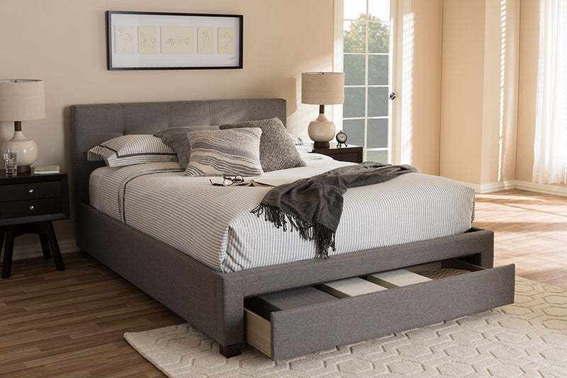 Harleson Modern and Contemporary Gray Fabric Upholstered King Size Platform Bed w/Storage Drawer