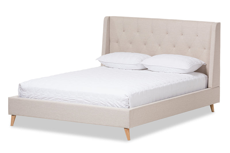 Longford Retro Modern Light Beige Fabric Upholstered Queen Size Platform Bed