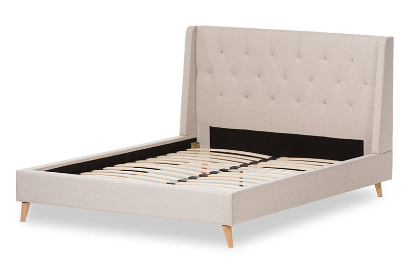 Longford Retro Modern Light Beige Fabric Upholstered Queen Size Platform Bed