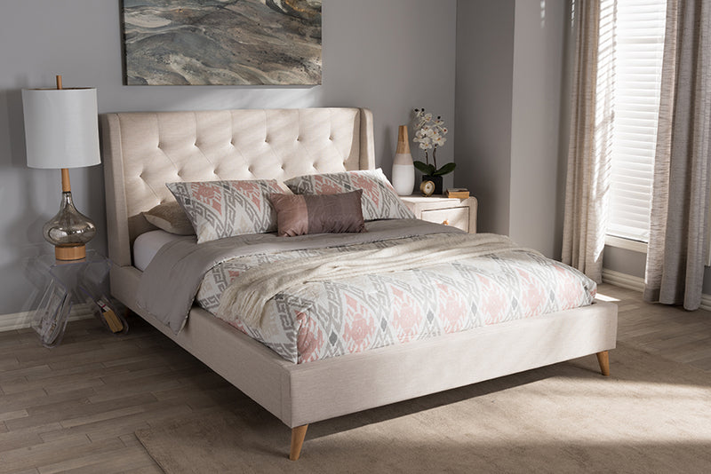 Longford Retro Modern Light Beige Fabric Upholstered Queen Size Platform Bed