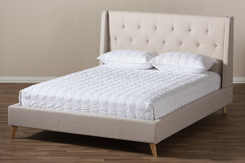 Longford Retro Modern Light Beige Fabric Upholstered Queen Size Platform Bed Baxton