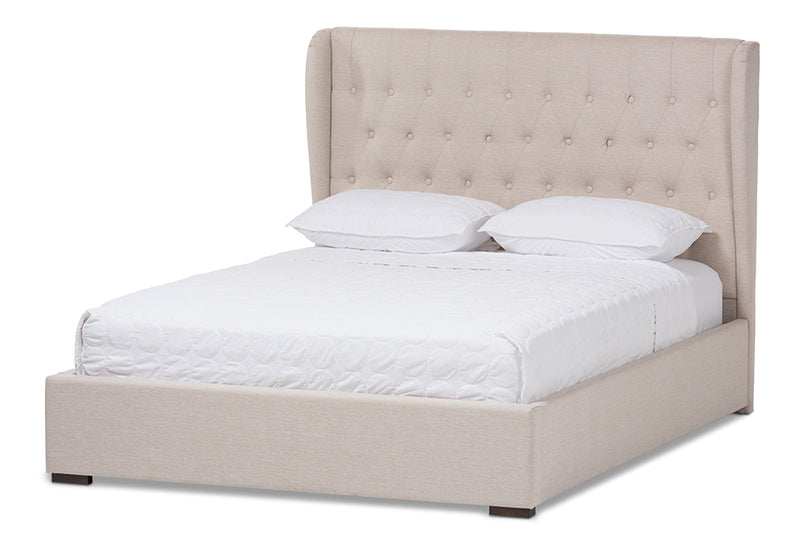 Emsley Modern and Contemporary Light Beige Fabric Queen Size Gas-Lift Platform Bed