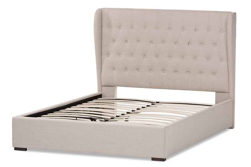 Emsley Modern and Contemporary Light Beige Fabric Queen Size Gas-Lift Platform Bed