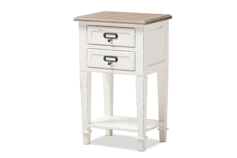 Cintia Provincial Style Weathered Oak and White Wash Distressed Finish Wood Nightstand, 2-Drawers