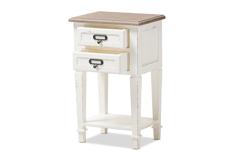 Cintia Provincial Style Weathered Oak and White Wash Distressed Finish Wood Nightstand, 2-Drawers