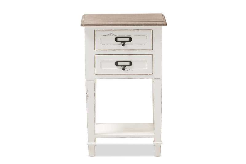 Cintia Provincial Style Weathered Oak and White Wash Distressed Finish Wood Nightstand, 2-Drawers