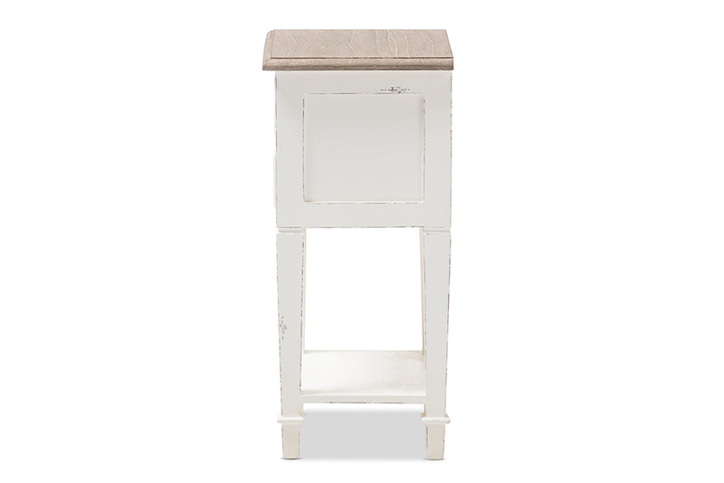 Cintia Provincial Style Weathered Oak and White Wash Distressed Finish Wood Nightstand, 2-Drawers