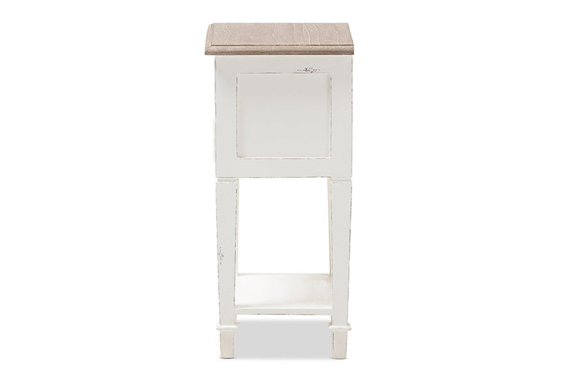 Cintia Weathered Oak and White Wash Distressed Finish Wood Nightstand, 2-Drawers Baxton