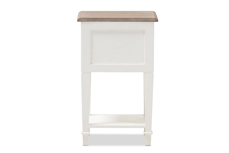 Cintia Weathered Oak and White Wash Distressed Finish Wood Nightstand, 2-Drawers Baxton