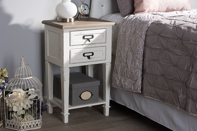 Cintia Provincial Style Weathered Oak and White Wash Distressed Finish Wood Nightstand, 2-Drawers