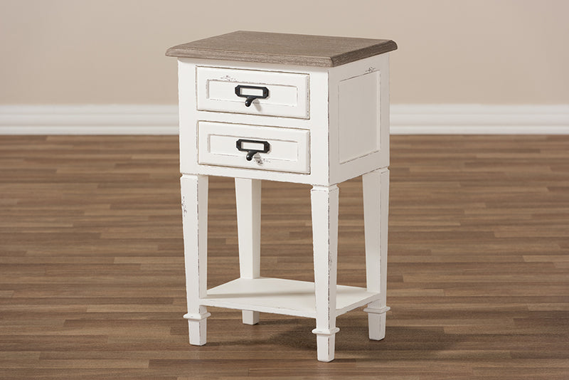 Cintia Provincial Style Weathered Oak and White Wash Distressed Finish Wood Nightstand, 2-Drawers