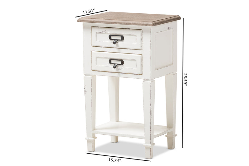 Cintia Provincial Style Weathered Oak and White Wash Distressed Finish Wood Nightstand, 2-Drawers