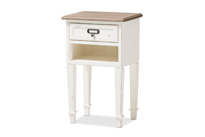 Cintia Provincial Style Weathered Oak and White Wash Distressed Finish Wood Nightstand, 1-Drawer