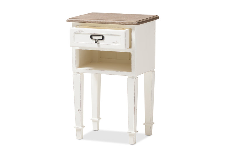 Cintia Provincial Style Weathered Oak and White Wash Distressed Finish Wood Nightstand, 1-Drawer