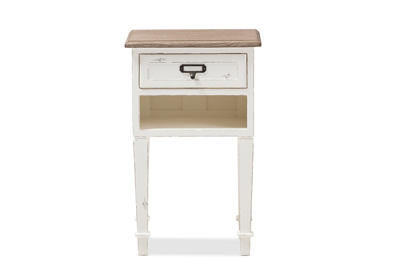 Cintia Provincial Style Weathered Oak and White Wash Distressed Finish Wood Nightstand, 1-Drawer