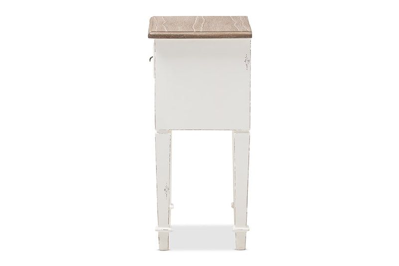 Cintia Weathered Oak and White Wash Distressed Finish Wood Nightstand, 1-Drawer Baxton