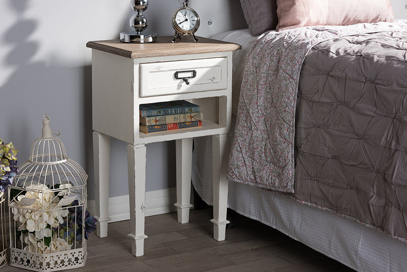 Cintia Provincial Style Weathered Oak and White Wash Distressed Finish Wood Nightstand, 1-Drawer