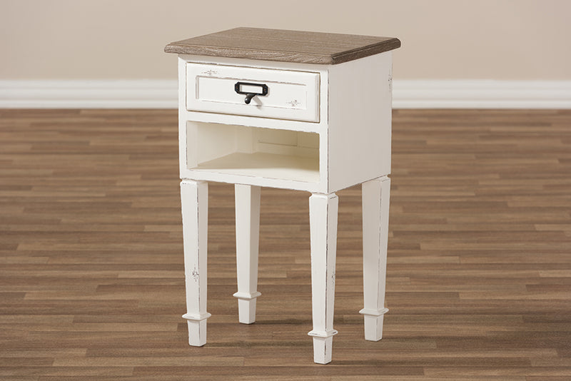 Cintia Provincial Style Weathered Oak and White Wash Distressed Finish Wood Nightstand, 1-Drawer