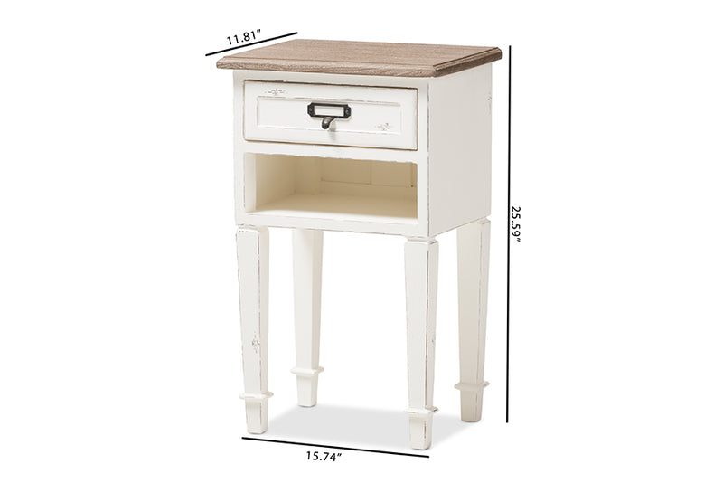 Cintia Provincial Style Weathered Oak and White Wash Distressed Finish Wood Nightstand, 1-Drawer