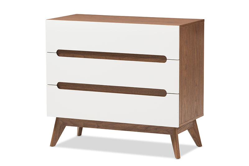 Abbey Mid-Century Modern White and Walnut Wood 3-Drawer Storage Chest