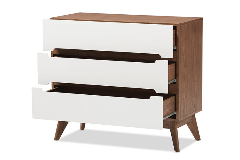 Abbey Mid-Century Modern White and Walnut Wood 3-Drawer Storage Chest