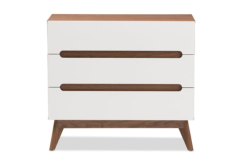 Abbey Mid-Century Modern White and Walnut Wood 3-Drawer Storage Chest