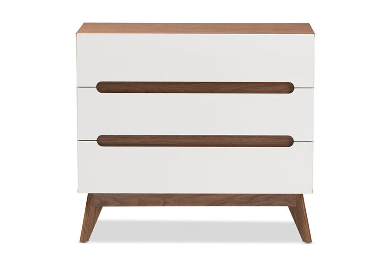 Abbey White and Walnut Wood 3-Drawer Storage Chest Baxton