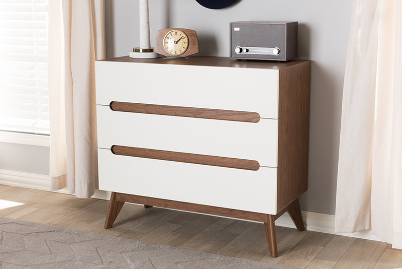 Abbey Mid-Century Modern White and Walnut Wood 3-Drawer Storage Chest