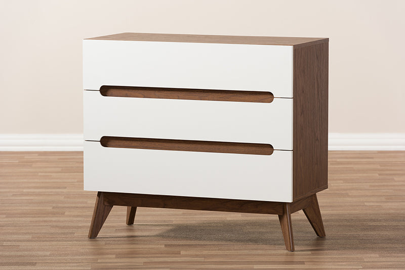 Abbey Mid-Century Modern White and Walnut Wood 3-Drawer Storage Chest