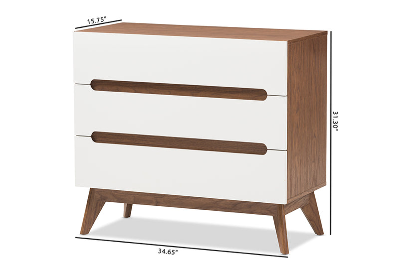 Abbey Mid-Century Modern White and Walnut Wood 3-Drawer Storage Chest