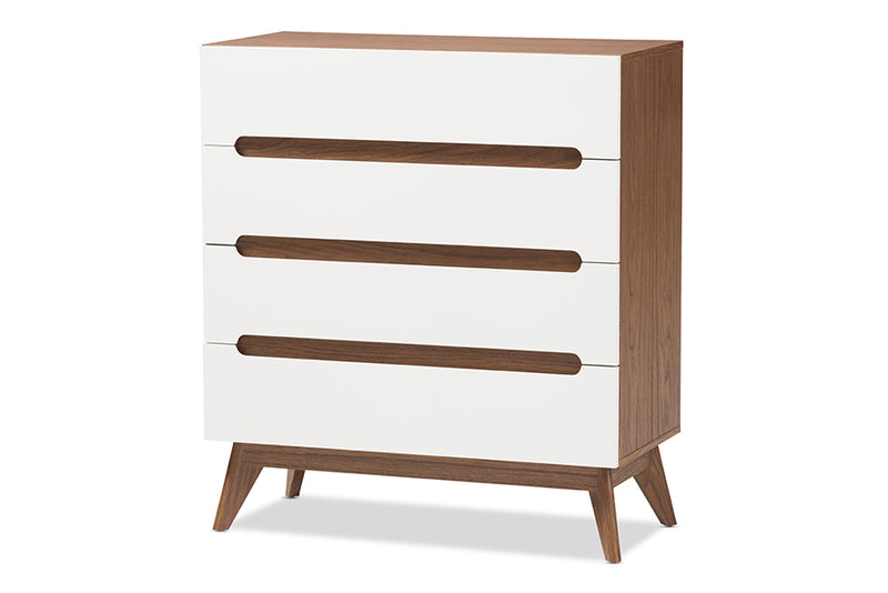 Abbey Mid-Century Modern White and Walnut Wood 4-Drawer Storage Chest