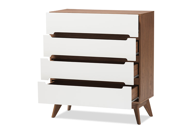 Abbey Mid-Century Modern White and Walnut Wood 4-Drawer Storage Chest