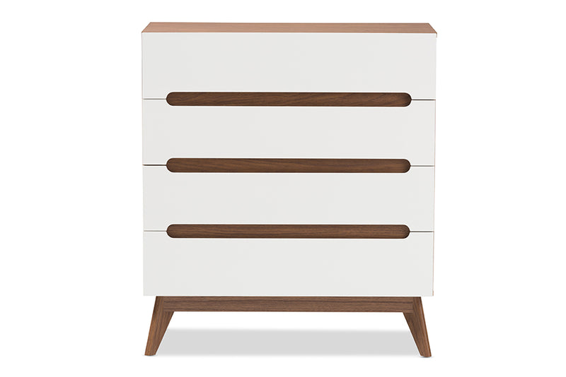 Abbey Mid-Century Modern White and Walnut Wood 4-Drawer Storage Chest