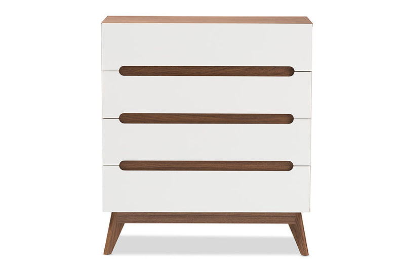 Abbey White and Walnut Wood 4-Drawer Storage Chest Baxton