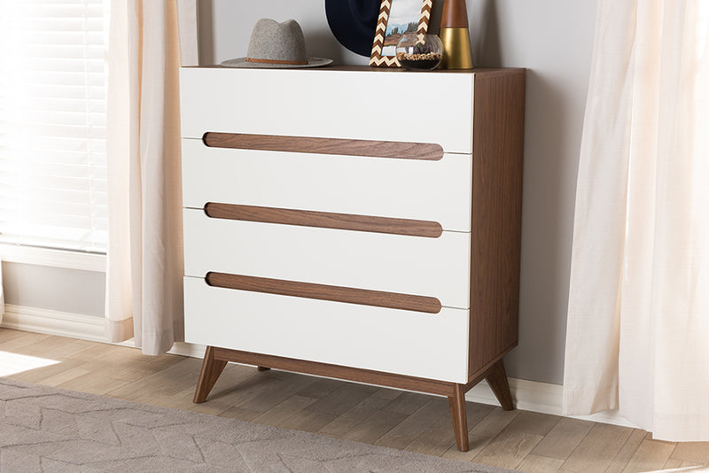 Abbey Mid-Century Modern White and Walnut Wood 4-Drawer Storage Chest