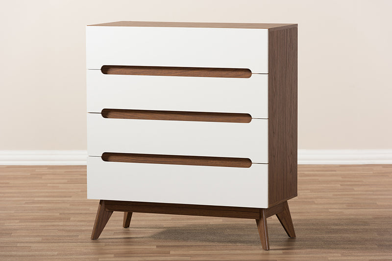 Abbey Mid-Century Modern White and Walnut Wood 4-Drawer Storage Chest