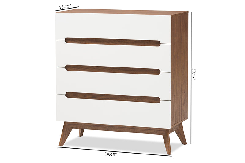 Abbey Mid-Century Modern White and Walnut Wood 4-Drawer Storage Chest