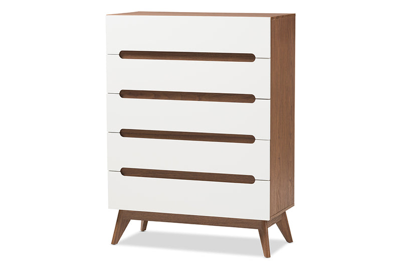 Abbey Mid-Century Modern White and Walnut Wood 5-Drawer Storage Chest