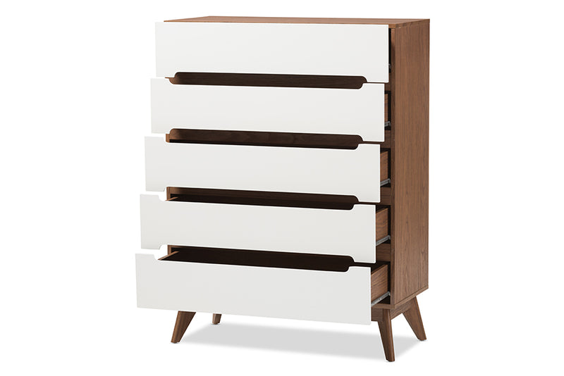 Abbey Mid-Century Modern White and Walnut Wood 5-Drawer Storage Chest