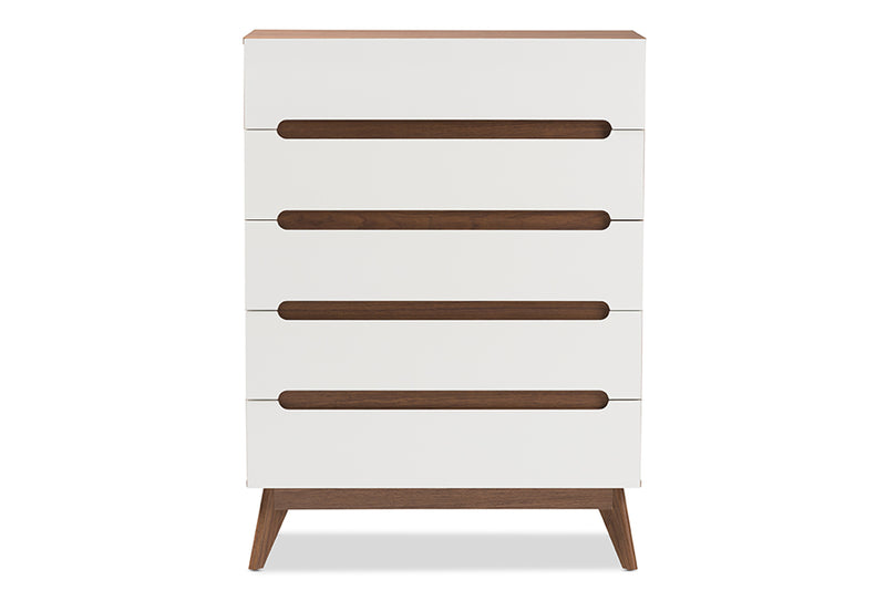 Abbey Mid-Century Modern White and Walnut Wood 5-Drawer Storage Chest